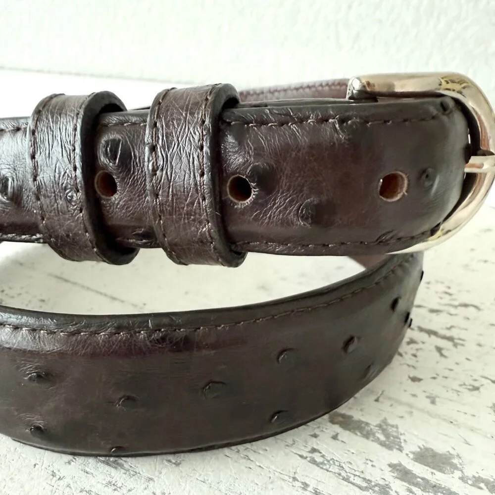Rod Patrick Mens Full Quill Ostrich Leather Belt Dark Brown 1.25” Tapered Sz 30